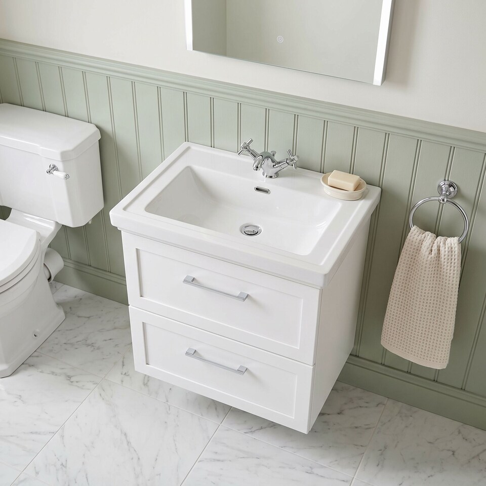 image 1 of Balterley Stonnall Traditional Wall Hung 2 Drawers Vanity Unit with Traditional 1 Tap Hole Fireclay Basin, 600mm, Matt White