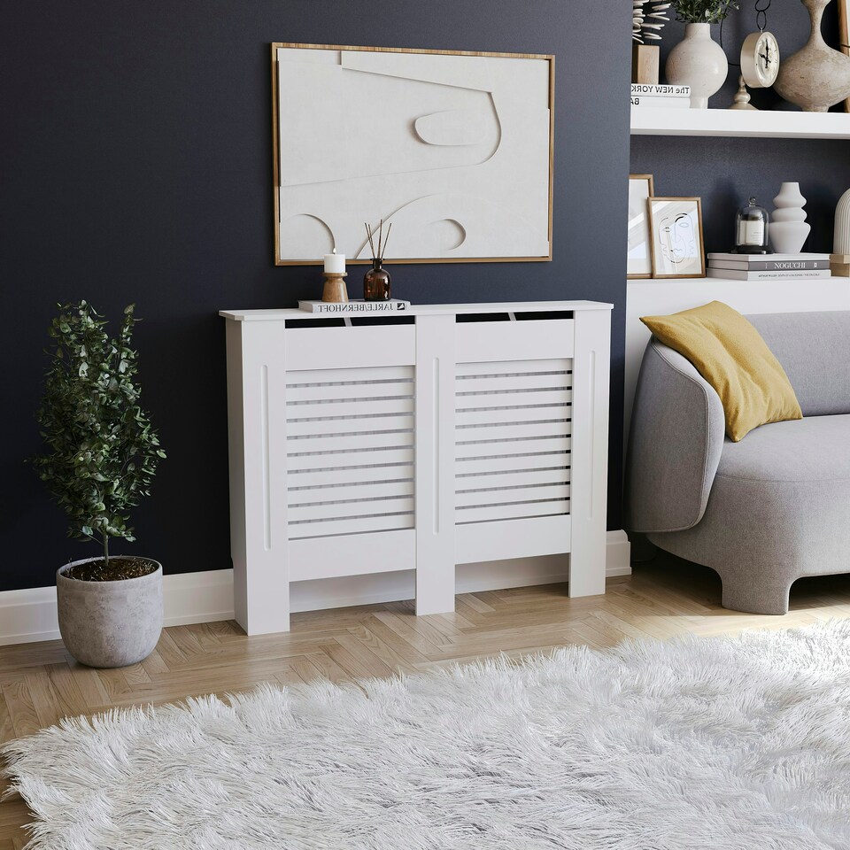 image 1 of Vida Designs Milton Radiator Cover Painted MDF Slatted Cabinet, White, 111cm
