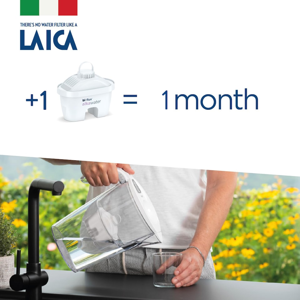image 1 of LAICA Stream Line Water Filter Jug - White - 2.3L Capacity - 1 Alka Water Filter included, Increases The Alkalinity of The tap Water by up to +1.5 pH - Made in Italy