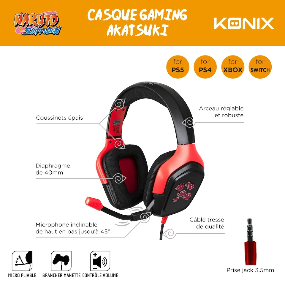 image 1 of Konix Naruto Akatsuki Gaming Headset (Black/Red) /Headset - Konix - 111658 N/A