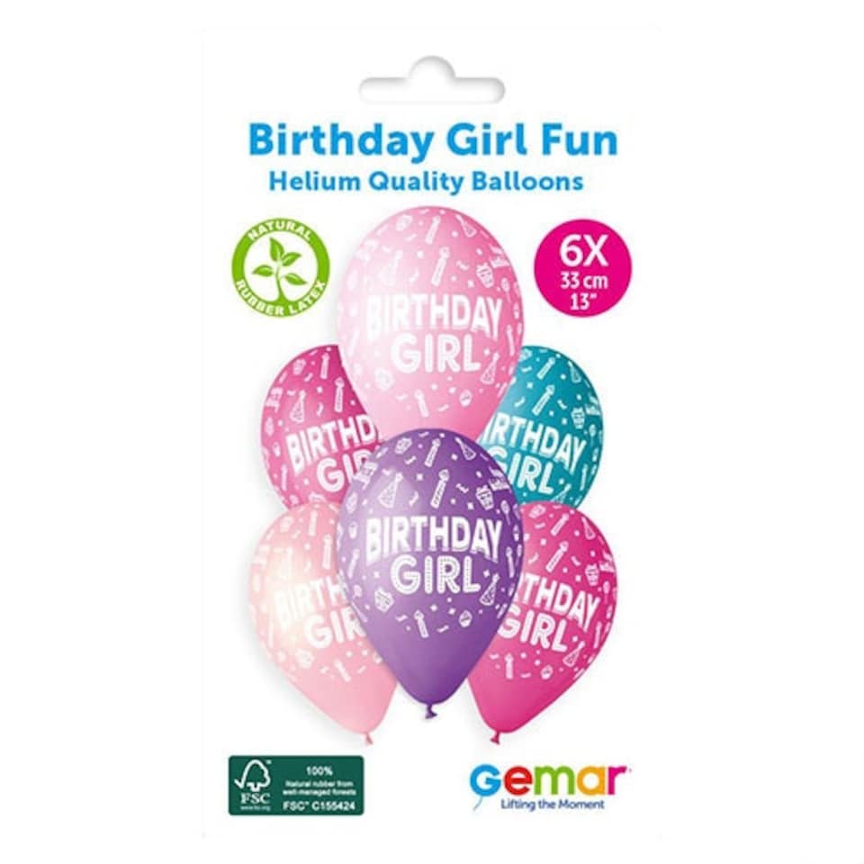 image 1 of Assorted Colour Birthday Girl Fun Latex Balloons 33cm / 13 in - Pack of 6