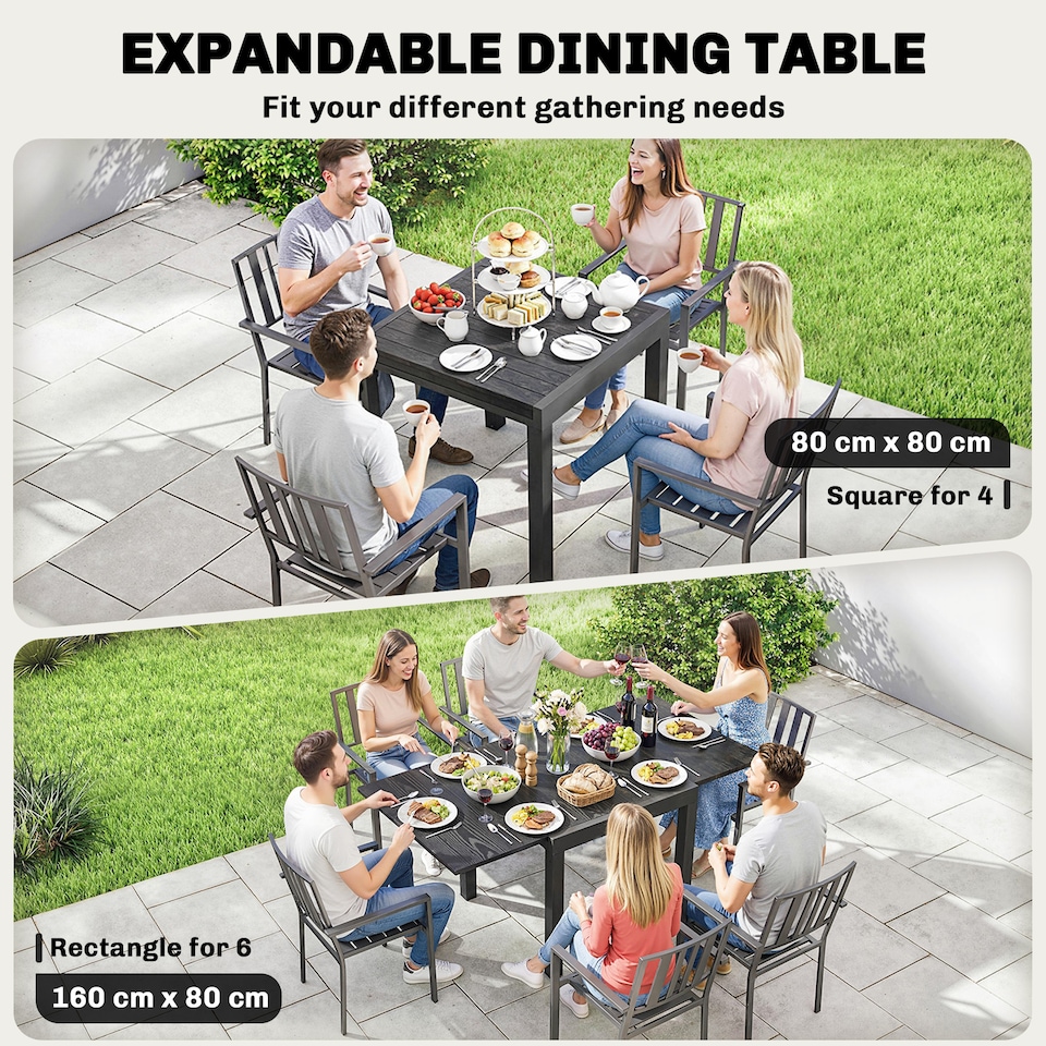image 1 of Outsunny Aluminium Extending Garden Table with Faux Wood Slatted Top, Black | Black | Black | 160 x 80 x 75 cm