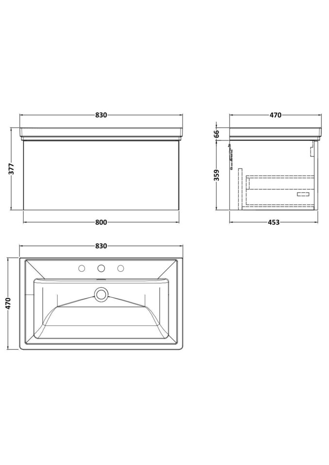 image 1 of Balterley Pershall Contemporary Wall Hung 1 Drawer Vanity Unit with Traditional 3 Tap Hole Fireclay Basin, 800mm, Pebble Grey