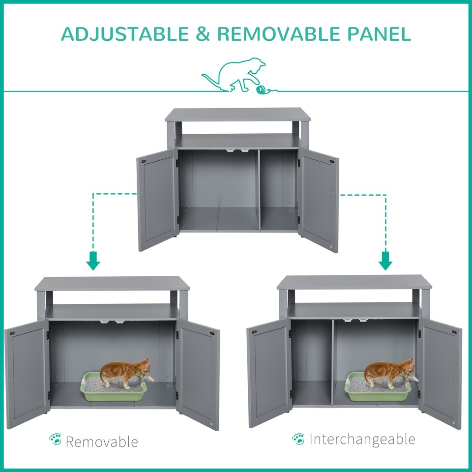 image 1 of PawHut Wood Cat Litter Box Enclosure Furniture w/ Adjustable Interior Wall Grey