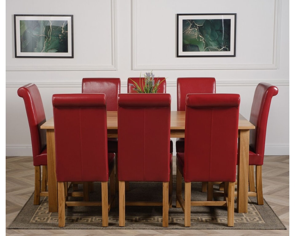 image 1 of Oslo 180 x 90 cm Large Oak Dining Table and 8 Washington Leather Chairs | Red | Red