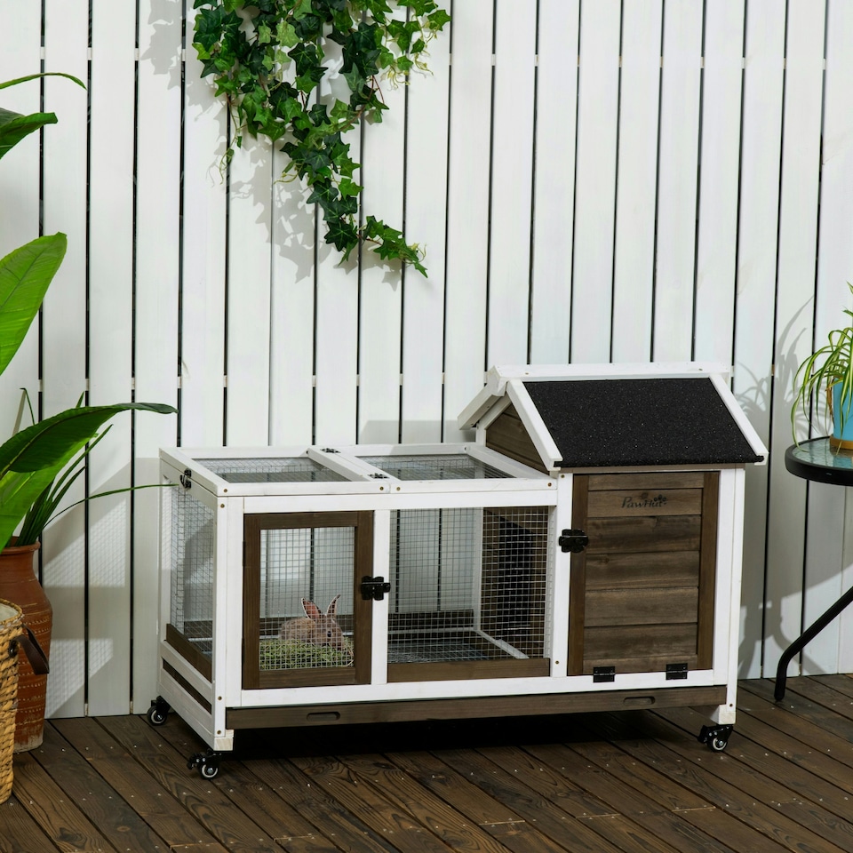 image 1 of PawHut Rabbit Hutch, Guinea Pig Cage with Wheels, Outdoor/Indoor, Brown