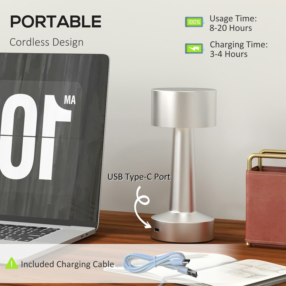 image 1 of HOMCOM LED Cordless Table Lamp with Battery Operated for Bedroom, Silver