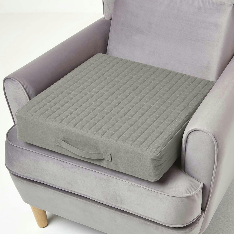 image 1 of Homescapes Grey Quilted Cotton Armchair Booster Cushion Cover | Grey | Charcoal Grey | 50 x 50 x 10 cm