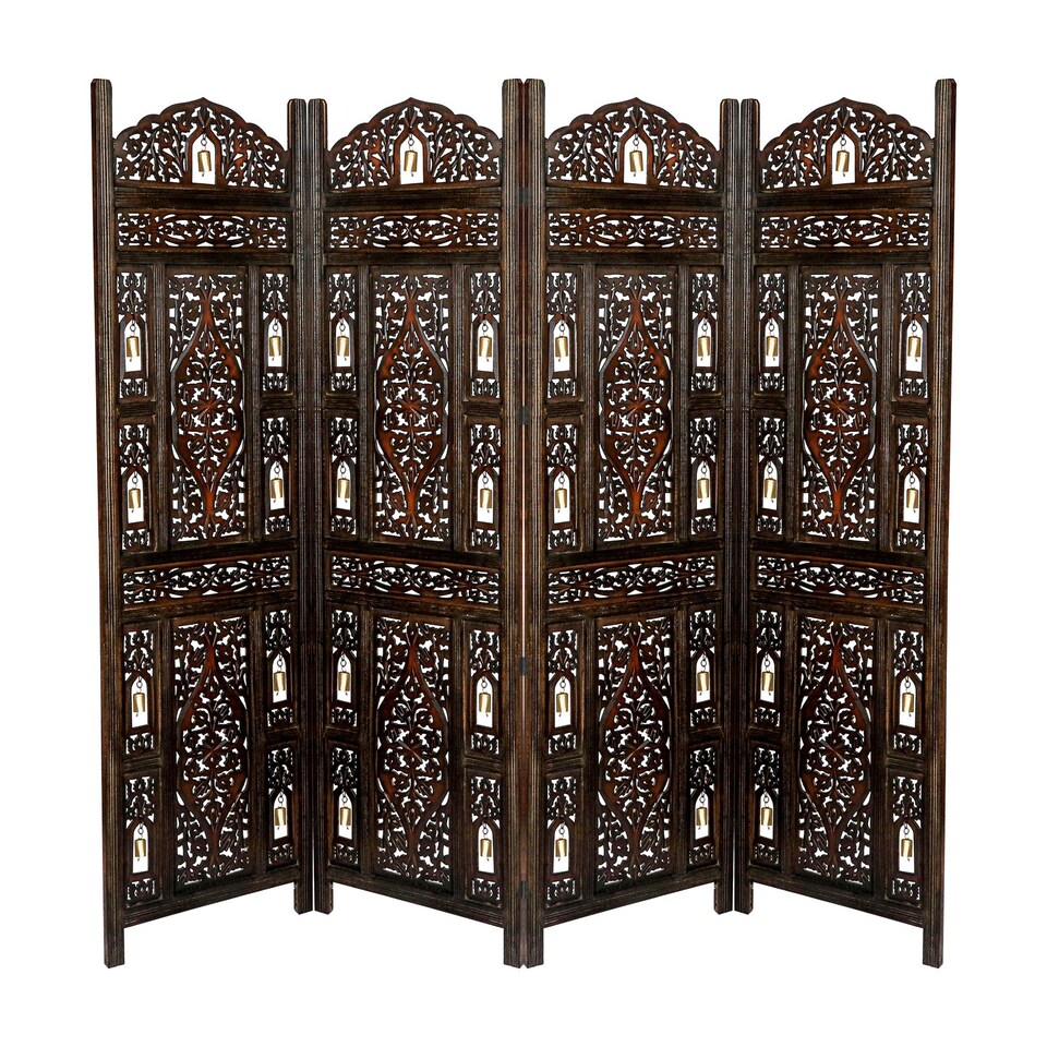 image 1 of 4 Panel Heavy Duty Carved  Screen Wooden Bells Design Room Divider Dark Brown 200 x 180 cm | Brown | Dark Brown | 200 x 180 cm