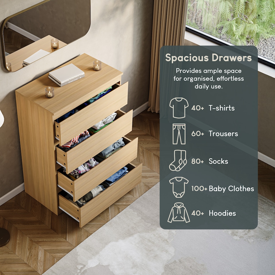 image 1 of Vida Designs Denver 4 Drawer Chest of Drawers Bedroom Storage, Pine