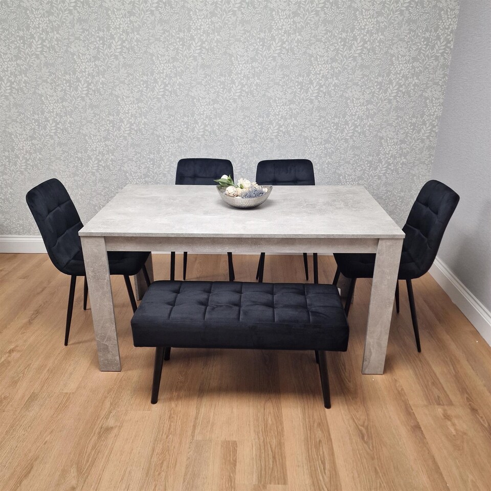 Modern Grey Dining Table with 4 Black Velvet Chairs And Black Bench ...