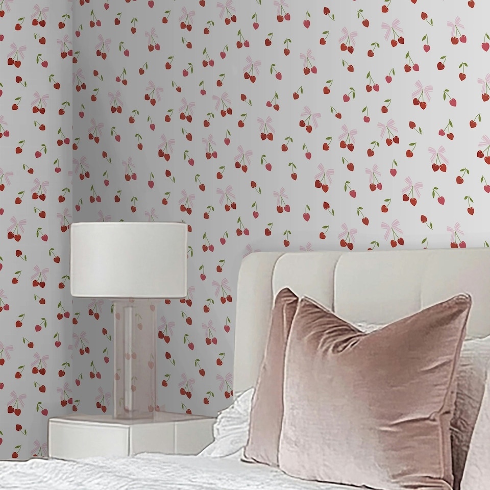 image 1 of Cherry Kisses Wallpaper in Pink & Red Pink