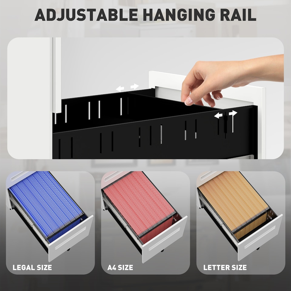 image 1 of Vinsetto 3 Drawer Mobile File Cabinet, Metal Filing Cabinet with Lock and 5 Wheels for A4 Legal Letter Sized Documents, Hanging File Folders, Pre-Assembled Body, 30 x 43.5 x 60 cm, White | White | White