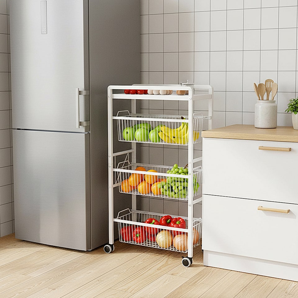 image 1 of Living and Home 4-Tier Kitchen Storage Trolley with Pull-Out Baskets, White | White | 4 Tier