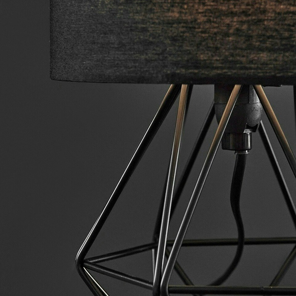 image 1 of ValueLights Modern Small Satin Black Metal Basket Cage Table Lamp With Black Fabric Shade