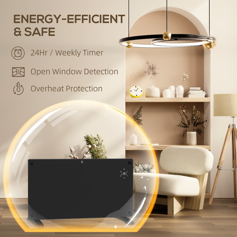 image 1 of HOMCOM Electric Heater Wifi Smart App, 2000W Glass Panel Heater Radiator, Freestanding or Wall Mounted Convector Space Heater with LED Display, 24Hr 7 Day Timer, Adjustable Thermostat, Remote Control