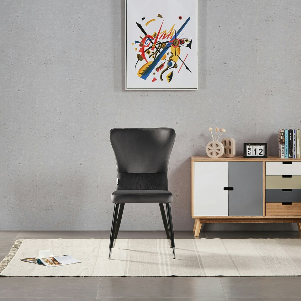 image 1 of Single New York Modern Velvet Dining Chair with High Back, Black Metal Legs Grey | Silver End Tips
