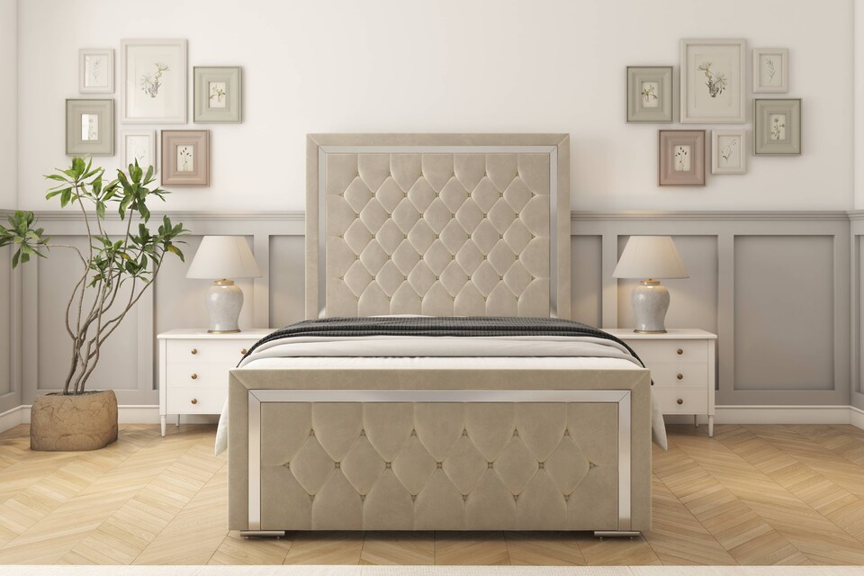 image 1 of Sloomy Sofia Chrome Cream Plush Bed Frame With 50" Upholstered Headboard 4' Small Double