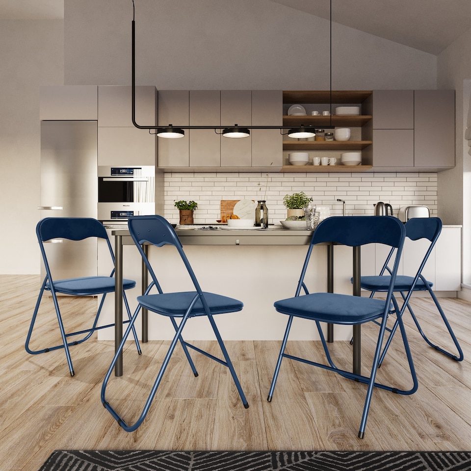 image 1 of 4-Pc Folding Chair Set with Cushioned Velvet Seat and Back | Blue | 4
