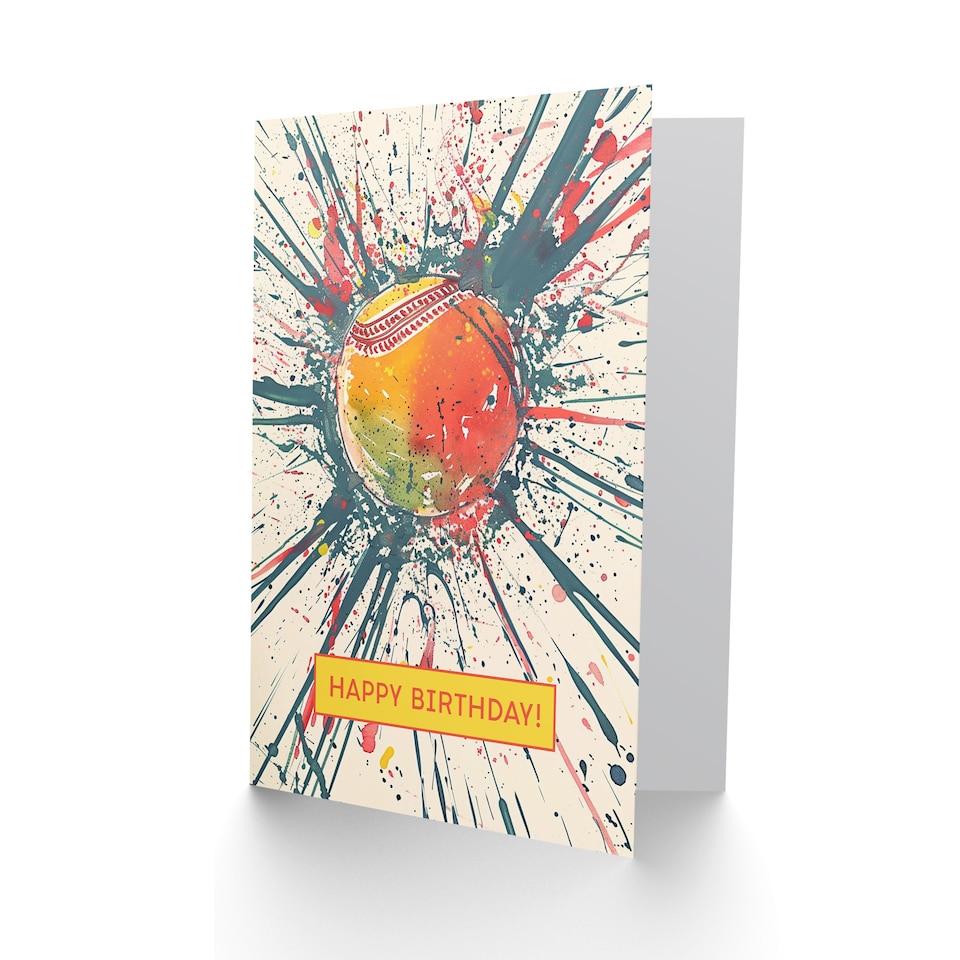 image 1 of Cricket Ball Dynamic Paint Splatter Sport Fan Birthday Card