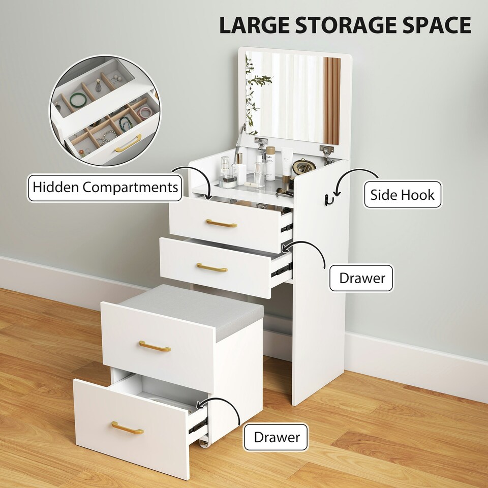 image 1 of HOMCOM 3 in 1 Dressing Table Vanity Desk with Mirror and Cushioned Stool White