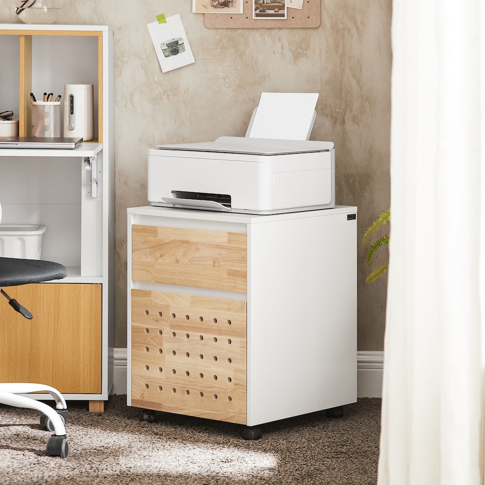 image 1 of SoBuy Mobile File Cabinet Printer Stand with 2 Drawers, White & Natural Wood, 17.7x17.7x23.2 inches, 19 kg - ASK06-WN