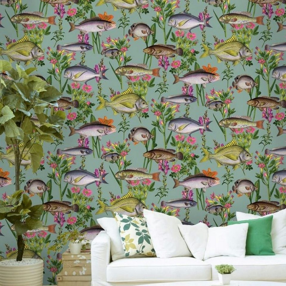 image 1 of Holden Décor Lagoon Fish Wallpaper - Teal - 10m x 52cm Green