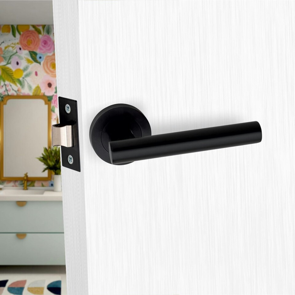image 1 of Golden Grace Straight T-Bar Design Door Handle Set on Round Rose in Matt Black Finish with 64mm 3 Lever Mortise Lock and Key Hole Black
