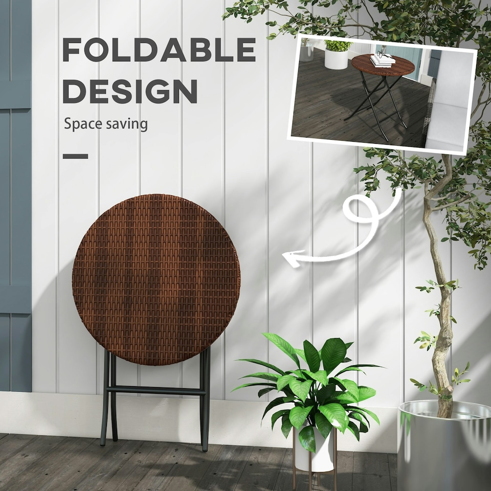 image 1 of Outsunny Foldable Outdoor Coffee Table, Metal Frame Rattan Side Table, Brown
