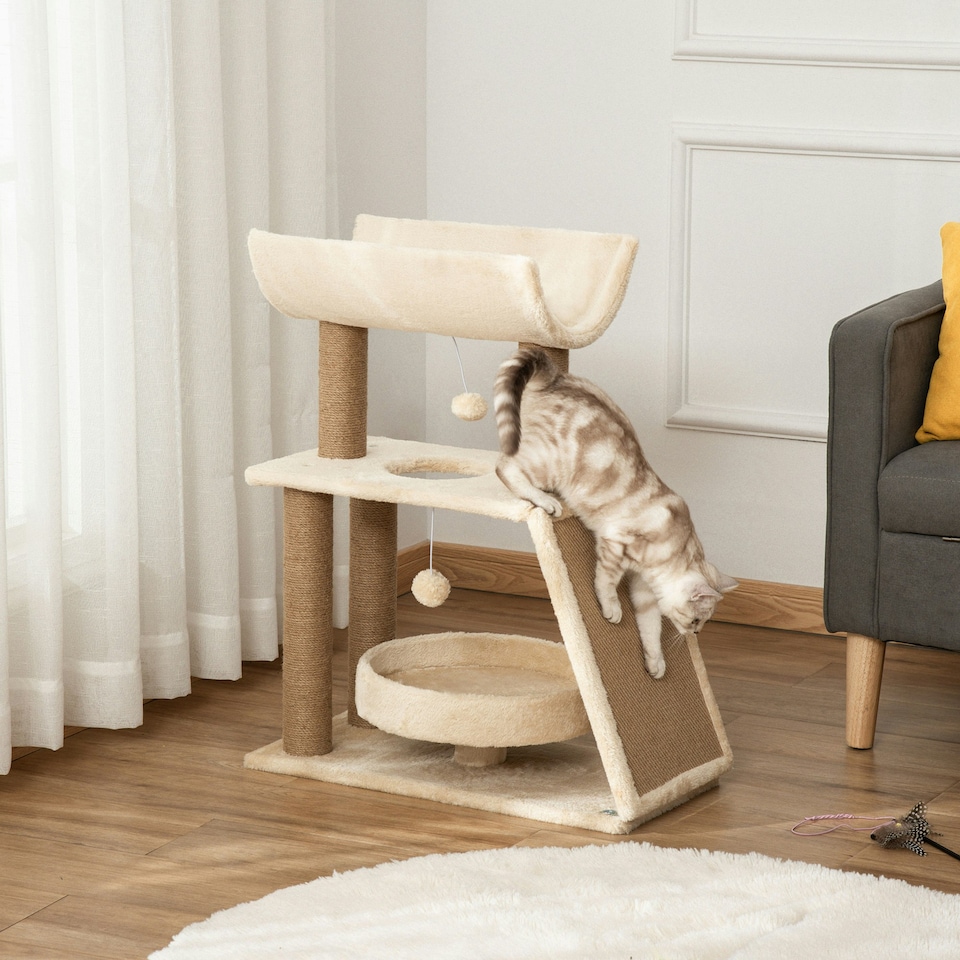 image 1 of PawHut Cat Tree Kitten Tower with Scratching Post Bed Perch Toy, Light Brown
