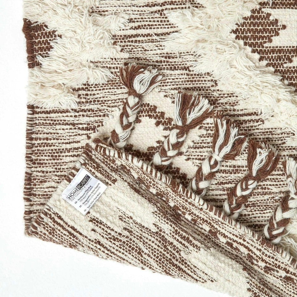 image 1 of Homescapes Lhasa Handwoven Brown and Cream Diamond  Kilim Wool Rug - 160 x 230 cm | Brown | Brown and cream