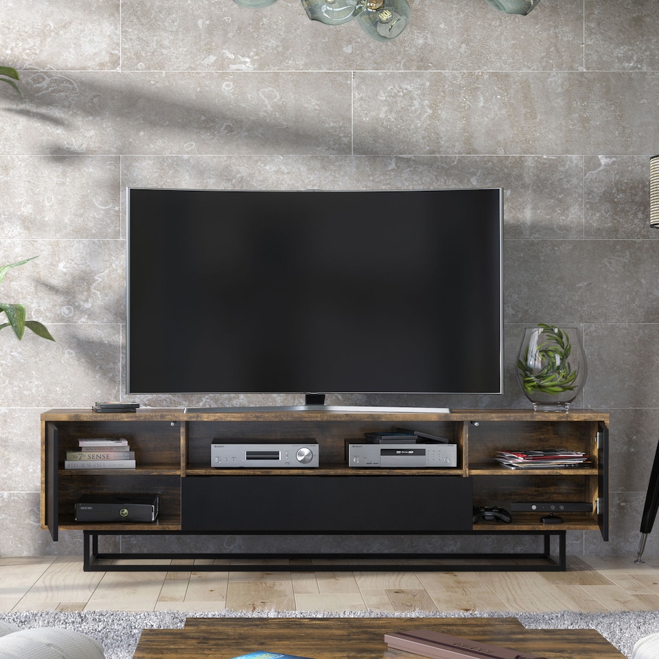 image 1 of TV Unit Sideboard Cabinet Storage Cabinet Oak Black Industrial Media Console 200cm