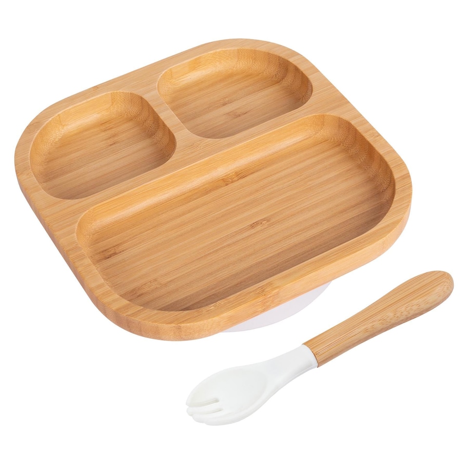 image 1 of Tiny Dining Bamboo Weaning Plate & Fork Set - Segmented/White - Divided Non-Slip Bamboo Baby Self-Feeding Weaning Plate & Cutlery