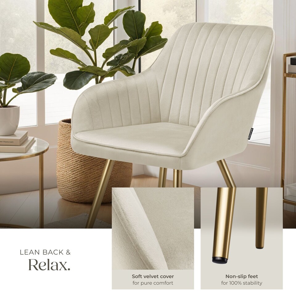 image 1 of Dining Chair Marilyn - quilted velvet, continuous backrest, gold steel legs | Cream | cream/gold | One Size | 2