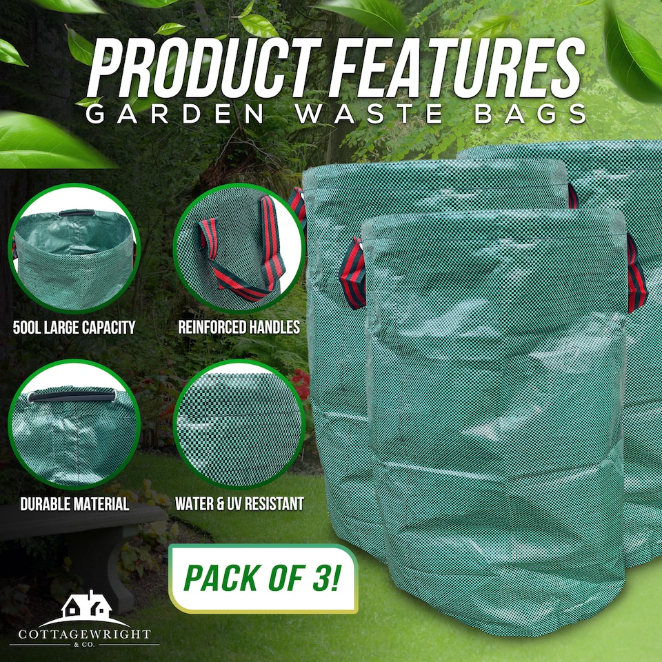 image 1 of Garden Bags Heavy Duty with Handles Reusable Garden Waste Bags for Plant, Grass, Dirt, Leaves Collection - Pack of 3