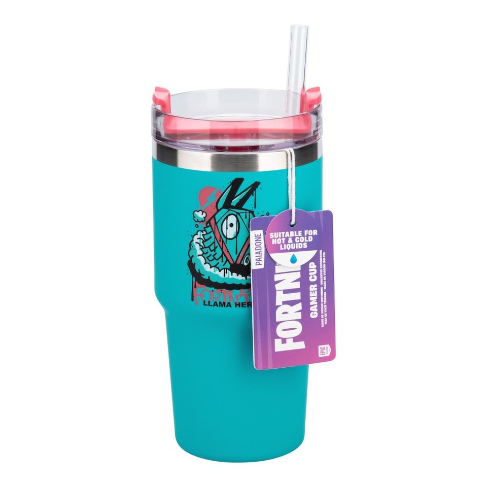 image 1 of Fortnite 600ml Blue Insulated Cup and Straw, Official Licensed Tumbler, Hot Cold Drinks Bottle, Gift for Men, Paladone