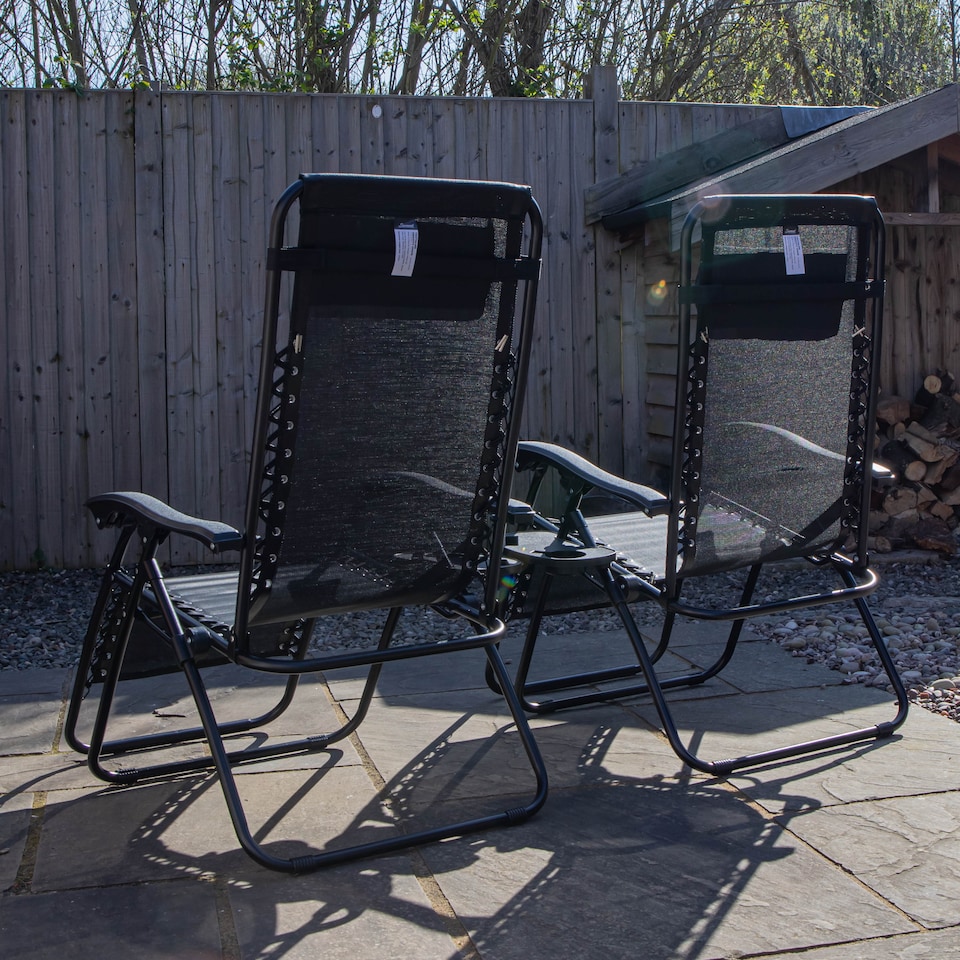 image 1 of Set of 2 Black Multi Position Textoline Zero Gravity Garden Relaxer Chair Lounger | Black | Black
