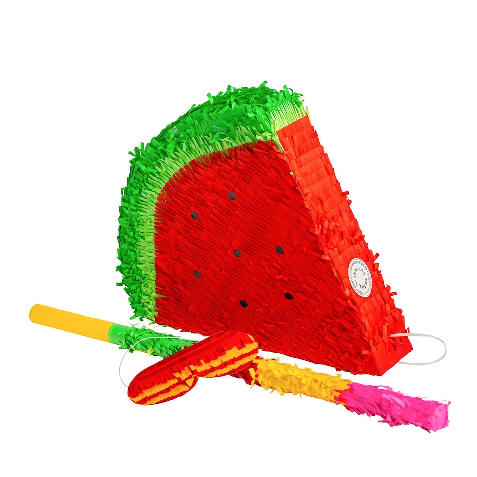 image 1 of Pinatas Watermelon Cardboard Pinata, Stick and Blindfold Set - W42cm x D9cm x H36cm - Red