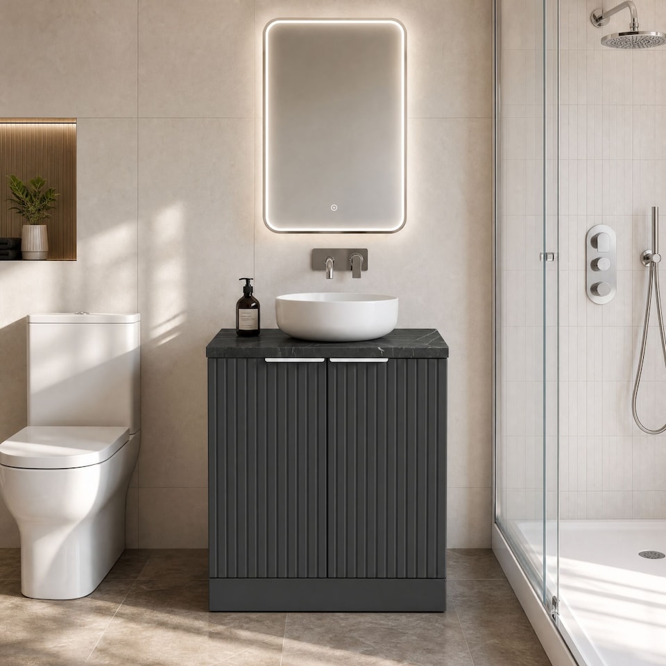 image 1 of Balterley Callingwood Contemporary Floor Standing 2 Door Vanity Unit with Black Pietra Marble Laminate Worktop , 600mm, Dark Grey
