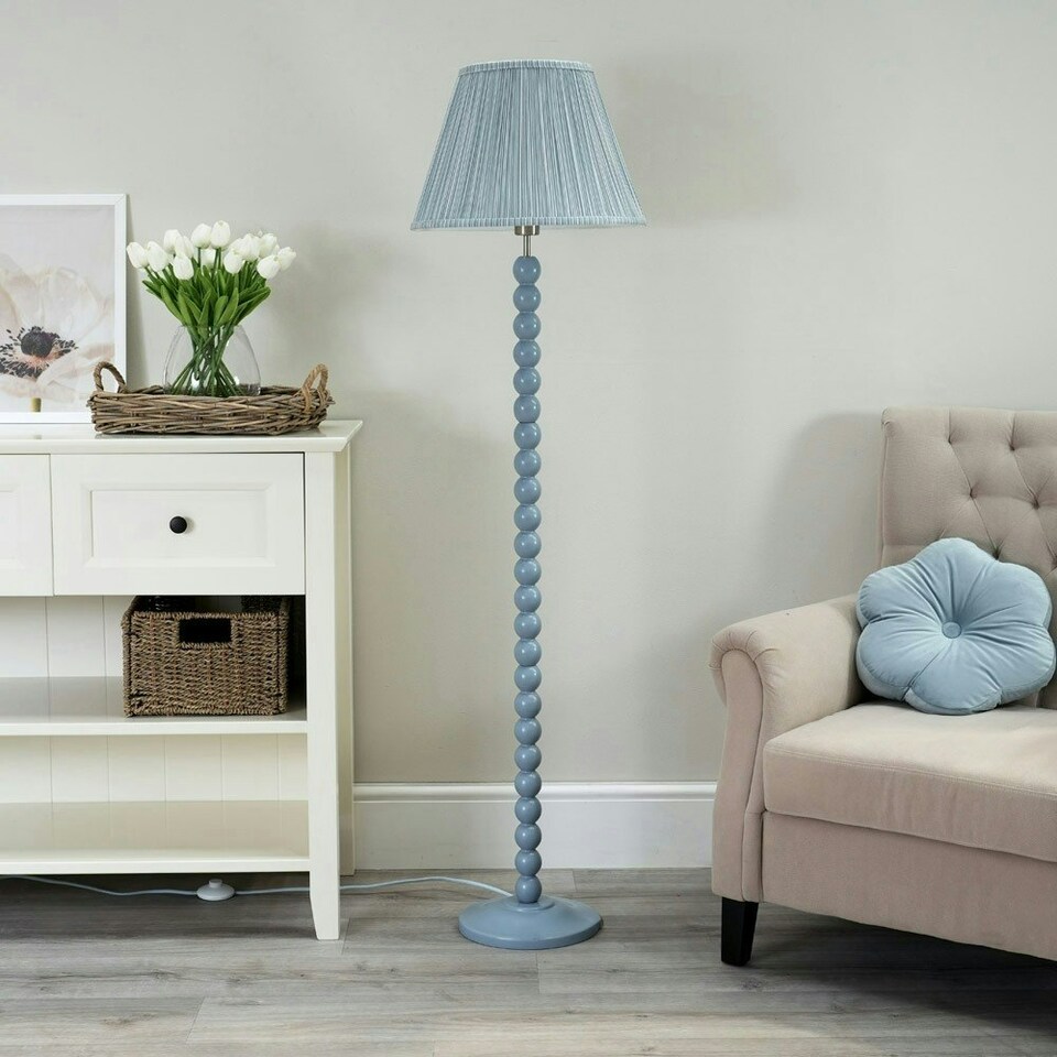 image 1 of ValueLights Bobbles Powder Blue Bobbin Floor Lamp with Blue Pleated Shade & LED Bulb