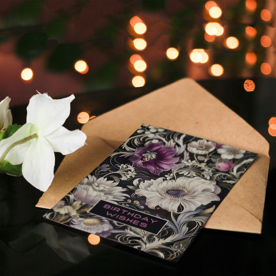 image 1 of Anemone Flowers Wishes White Purple Filigree Her Birthday Card