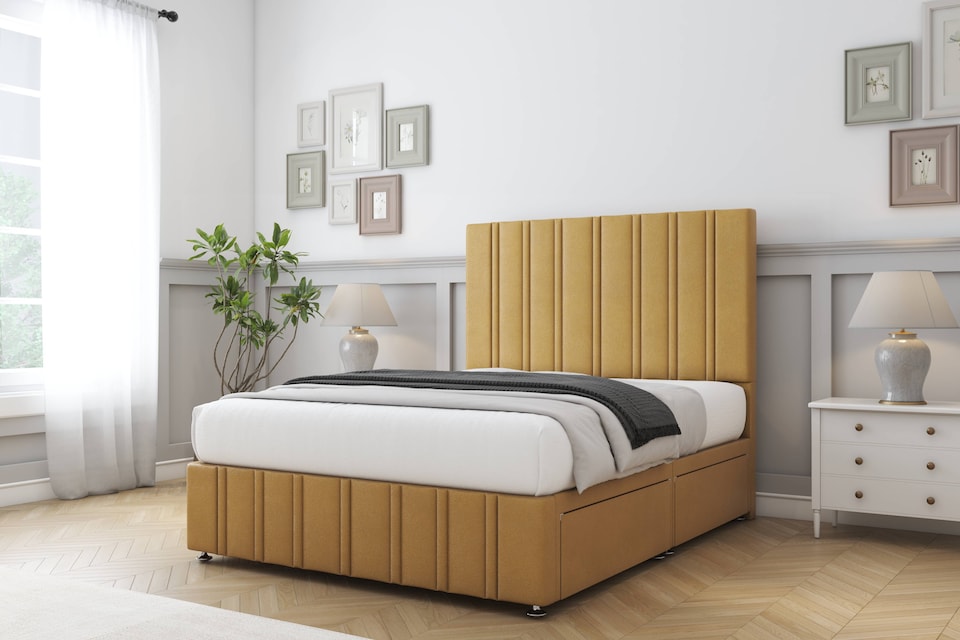 image 1 of Sloomy Langston Mustard Plush Divan Bed Base 4 Drawers With 26 Inch Strutted Headboard & 12 Inch Matching Footboard | Gold | Mustard | Double | 1