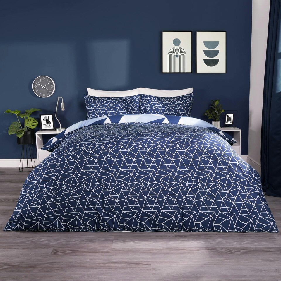 image 1 of OHS Geometric Shapes Duvet Cover and Pillowcase Set, Single - Navy Blue