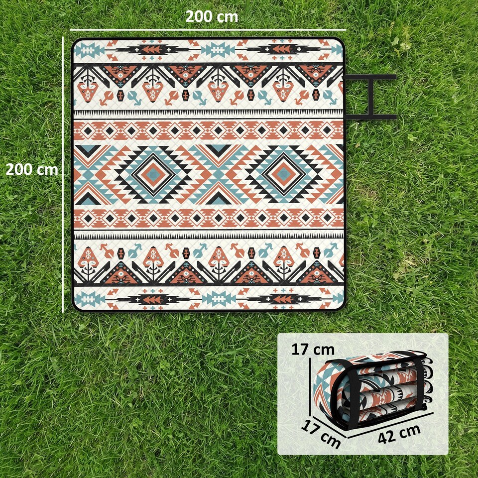 image 1 of Outsunny Picnic Blanket, 200x200CM Beach Blanket Outdoor Picnic Mat | Multi | Multi-coloured tribal geometric | 200 x 200 x 1 cm
