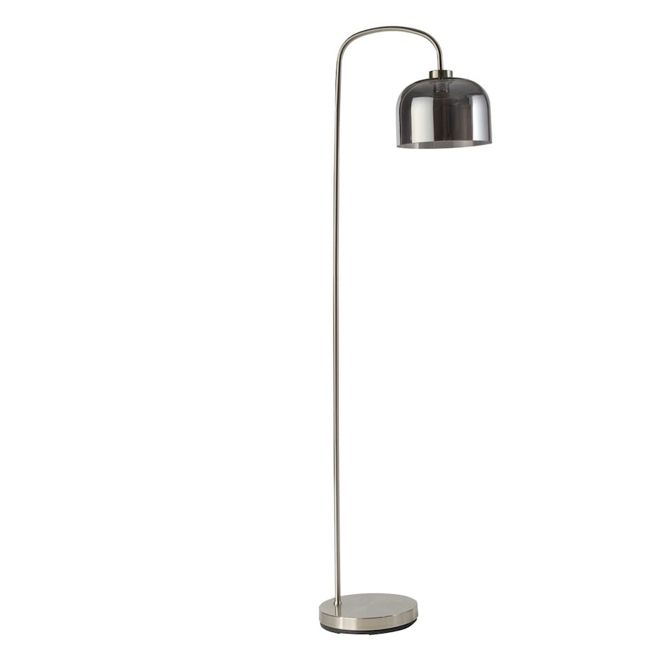 image 1 of Francine - Satin Nickel Arched Floor Lamp with Smoke Glass Shade Silver | Grey