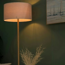 ValueLights Modern Scandi Floor Lamp In Light Wooden Finish With Cool Grey Drum Shade