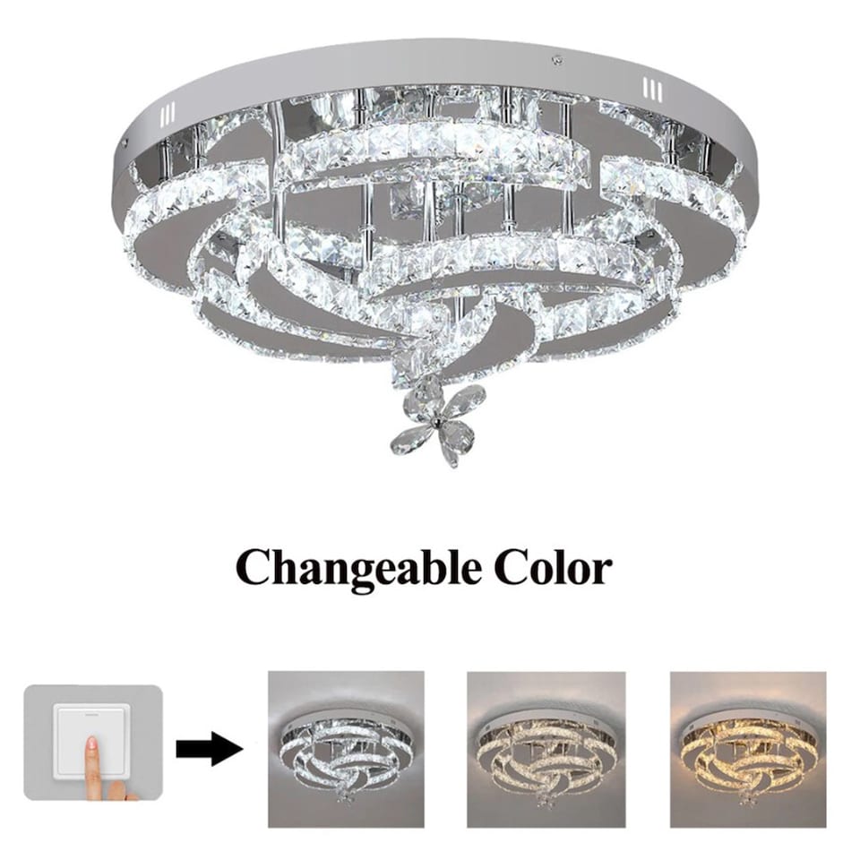 image 1 of Crystal LED Ceiling Light Silver Chandelier 3 Color Lights 50x24cm Wall