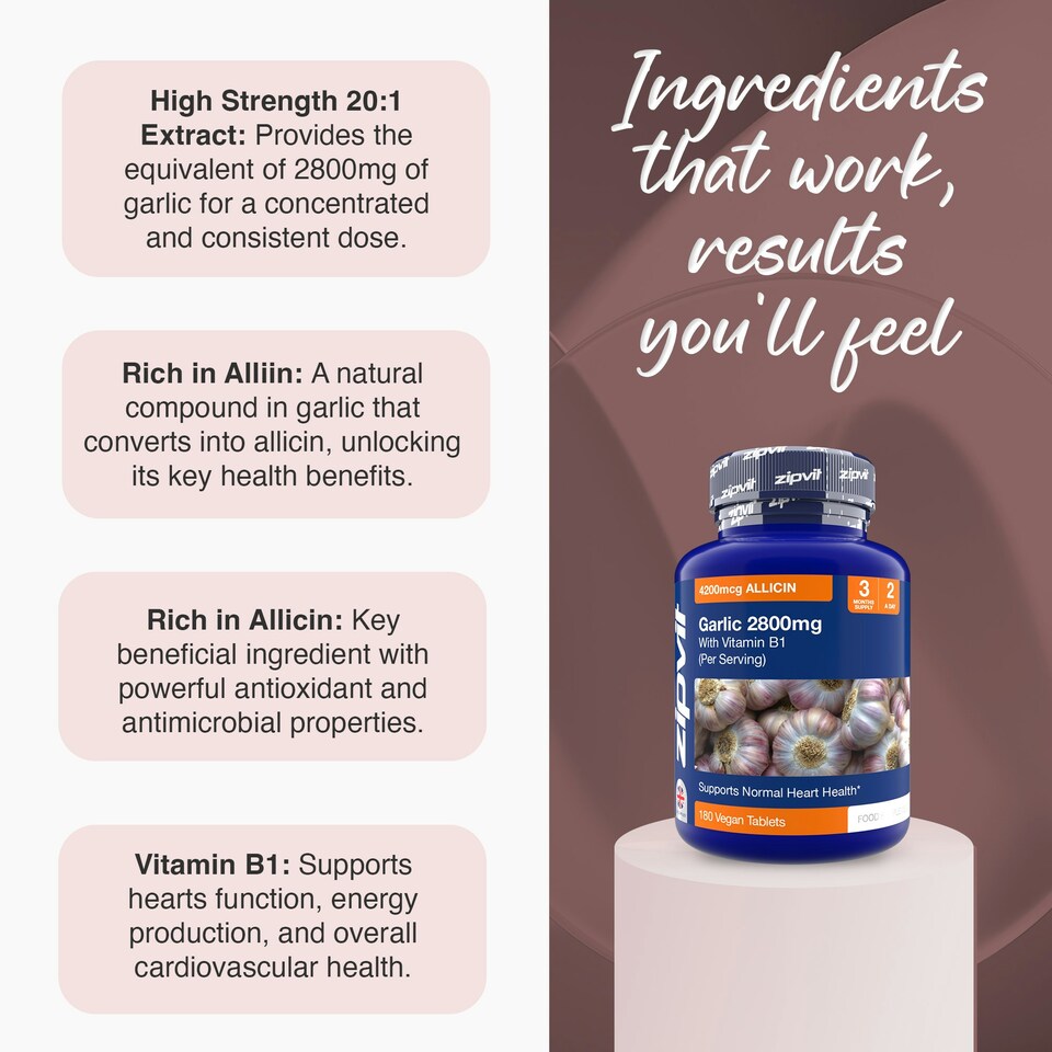 image 1 of Zipvit Garlic 2800mg with Vitamin B1, Heart & Energy Support, Provides Alliin & Allicin, 180 Vegan Tablets, 3-Month Supply