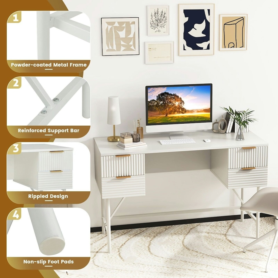 image 1 of COSTWAY Modern Computer Desk with 4 Drawers White