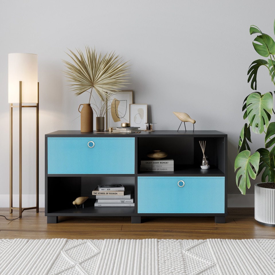 image 1 of Black TV Stand with 2 Drawers | Black | Black & Sky Blue | 1